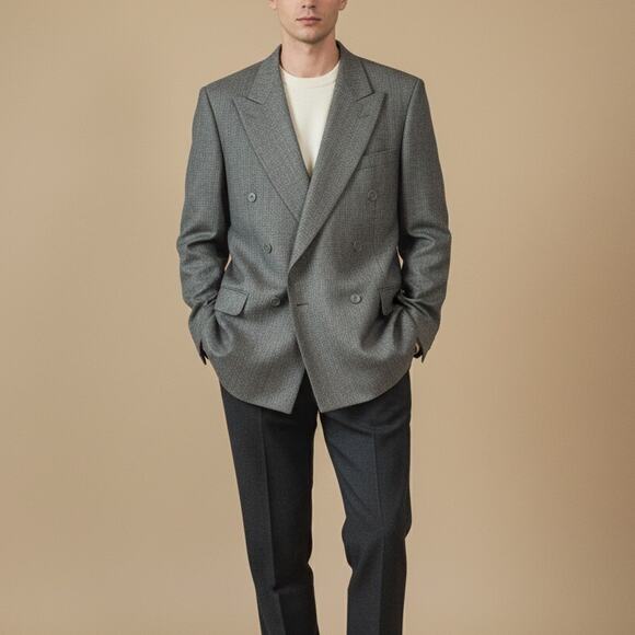 Vtg Leishman Double Breasted Blazer 80s 90s Gray Plaid Power Suit Jacket 48R - Picture 1 of 13